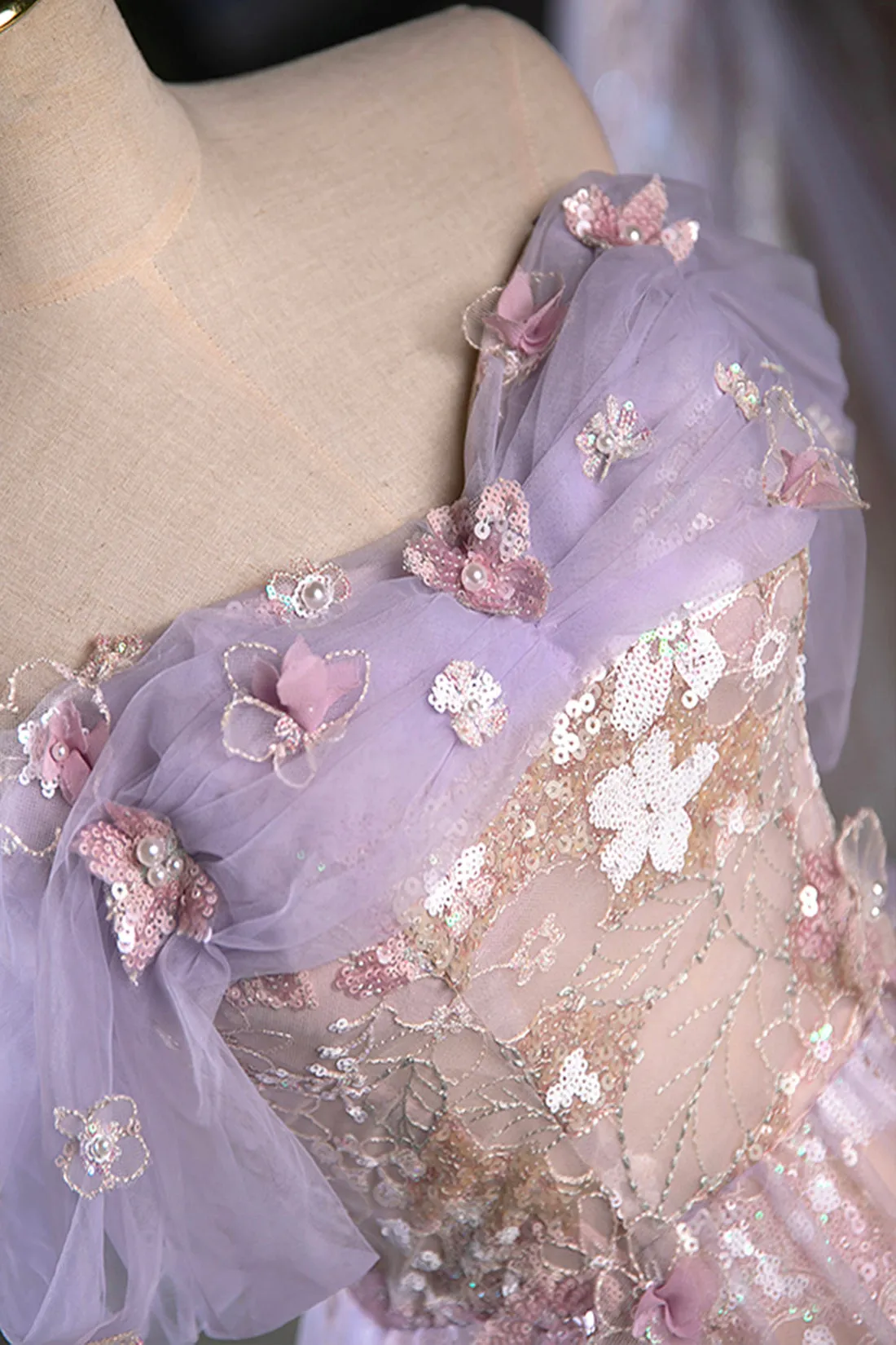 Purple A-Line Off the Shoulder Sequins Prom Dress, Lovely Tulle Corset Floor Length Evening Dress
