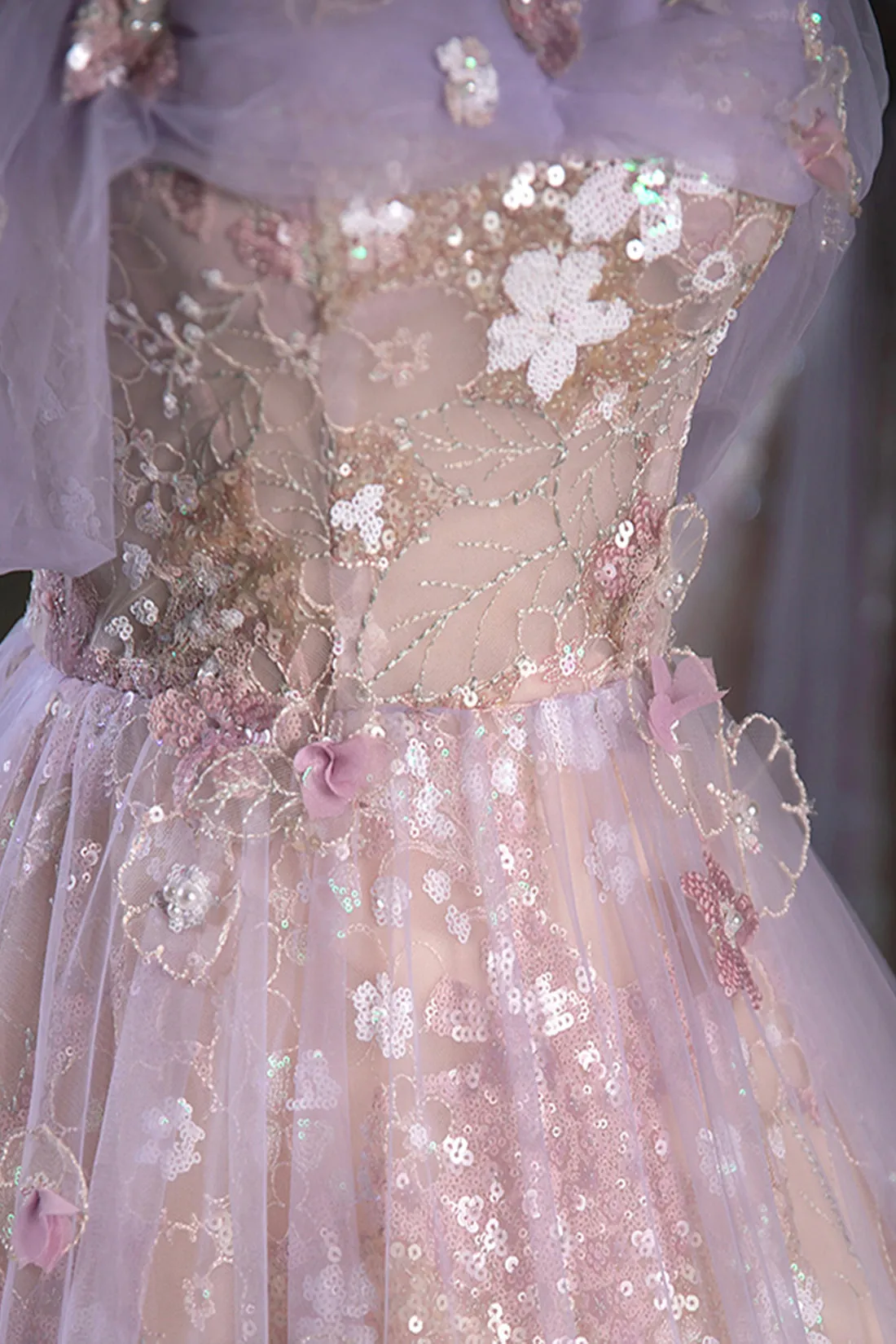 Purple A-Line Off the Shoulder Sequins Prom Dress, Lovely Tulle Corset Floor Length Evening Dress