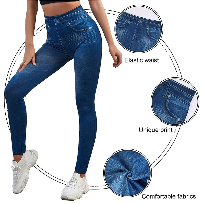 Push Up Seamless High Waist Denim Print Leggings Autumn and Winter Elastic Denim Pants Skinny