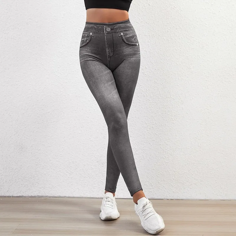 Push Up Seamless High Waist Denim Print Leggings Autumn and Winter Elastic Denim Pants Skinny