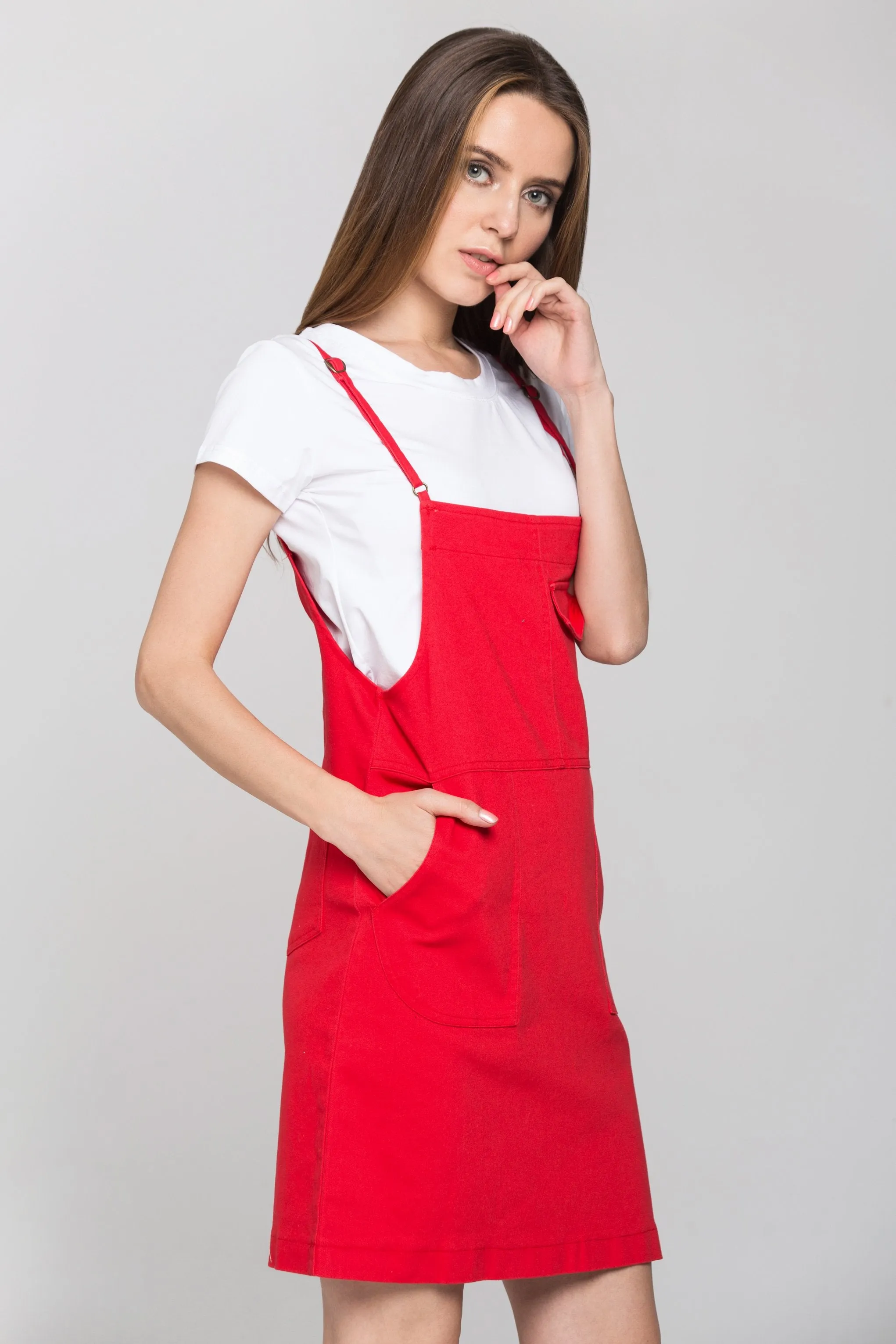 Red Denim White Shirt Pinafore Dress Set