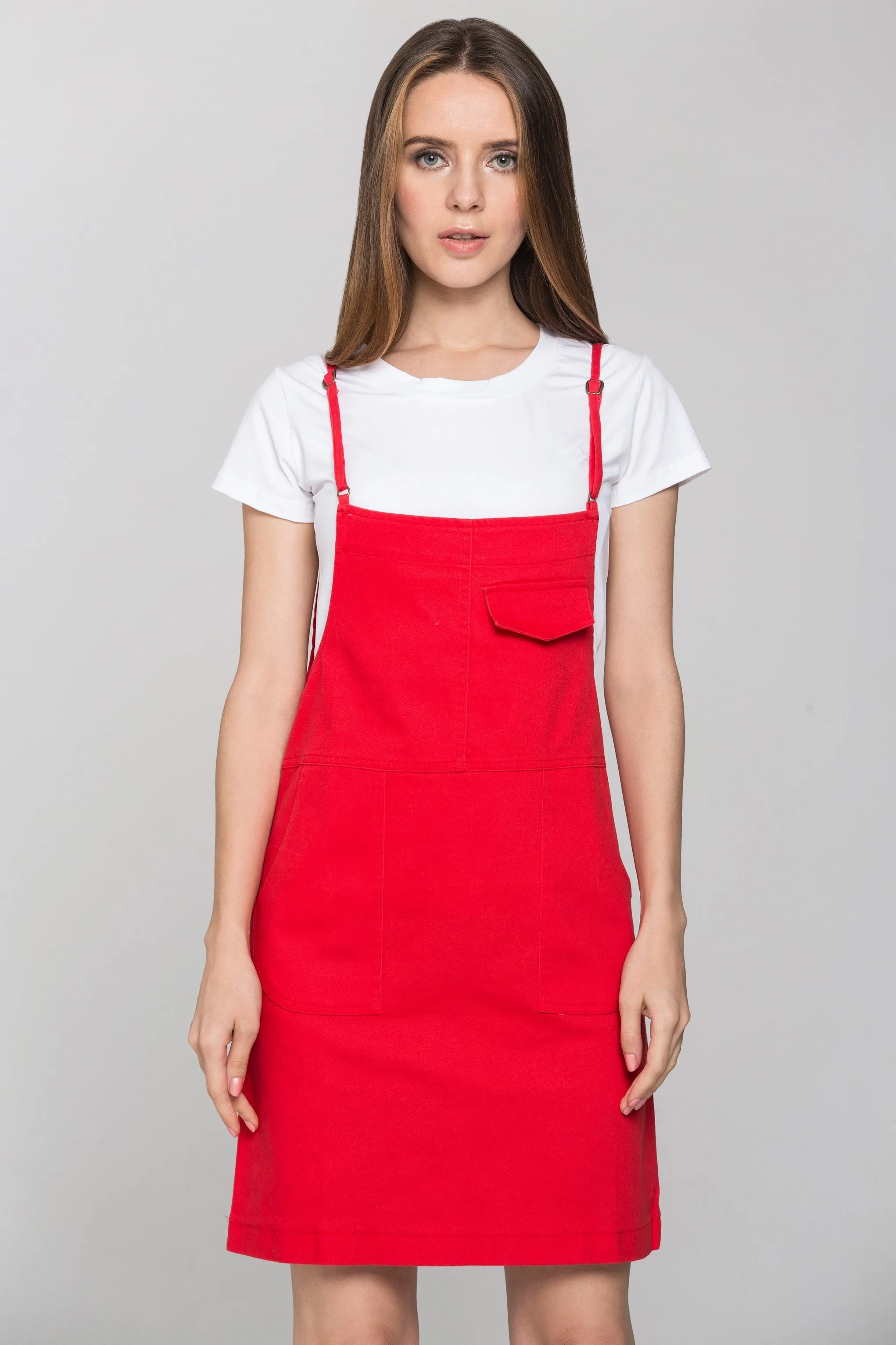 Red Denim White Shirt Pinafore Dress Set