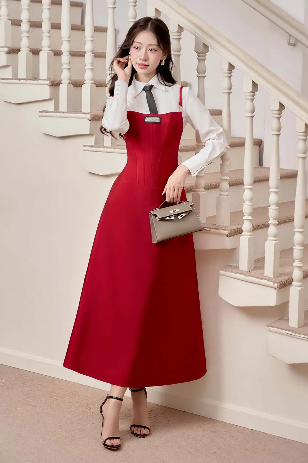 Reddream A-line Collared Neck Taffeta Midi Set