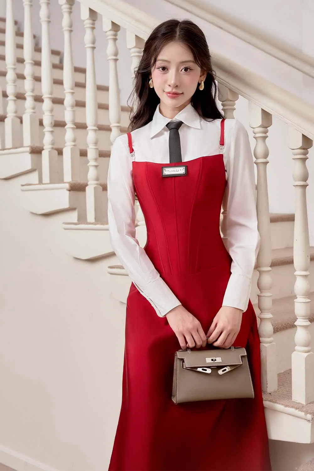 Reddream A-line Collared Neck Taffeta Midi Set