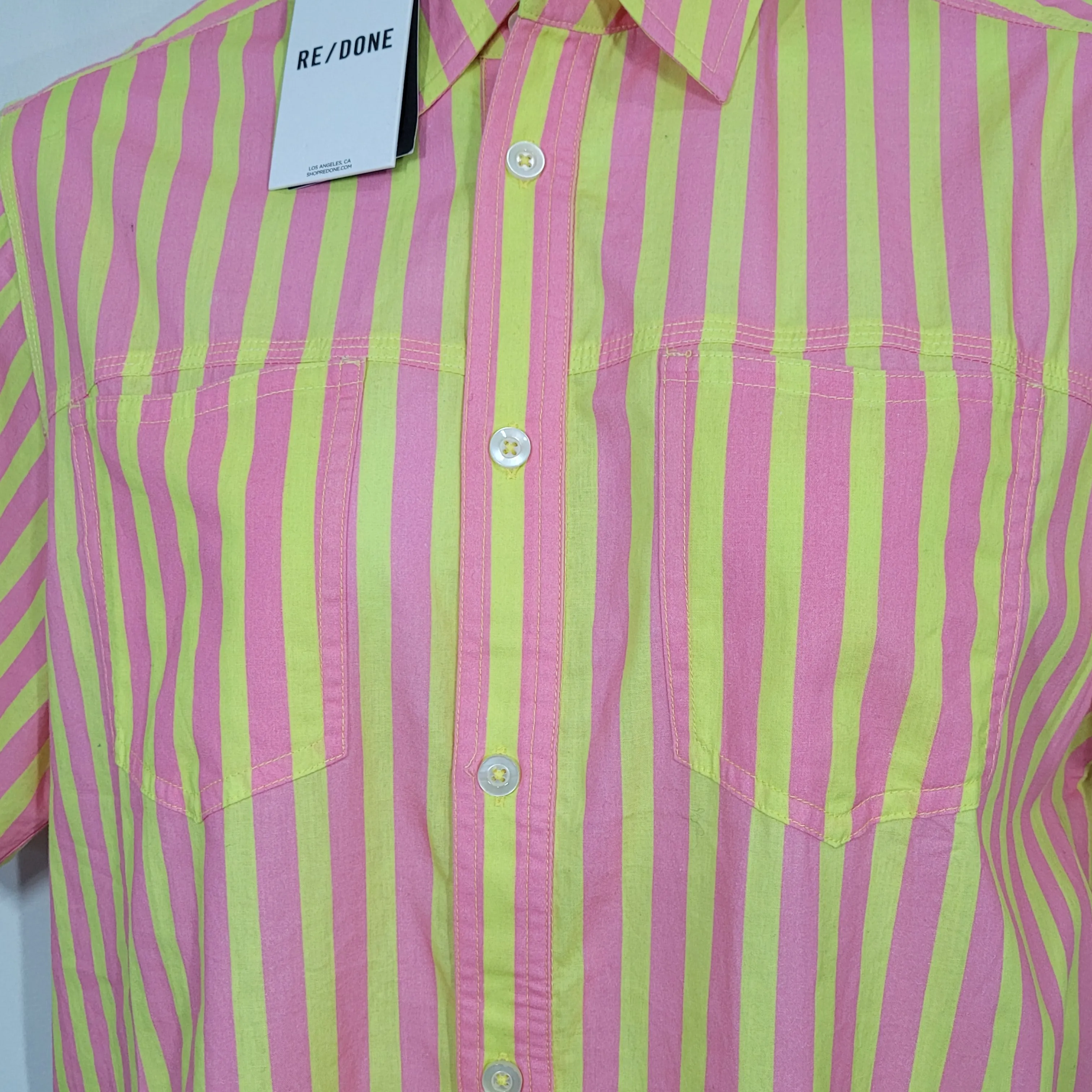 RE/DONE Oversized Shirt Button Up Dress Pink Yellow Striped Size Small