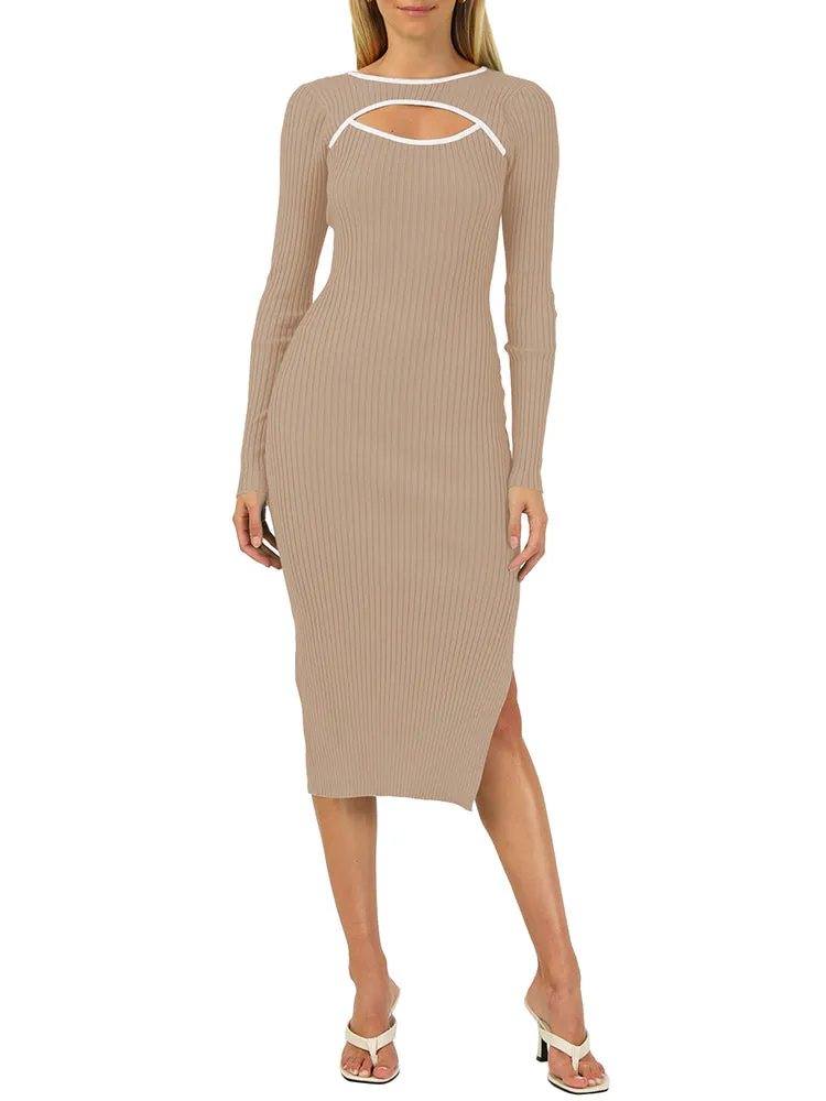 Rib Knit Long Sleeve Hollow Out Tight Sweater Dress