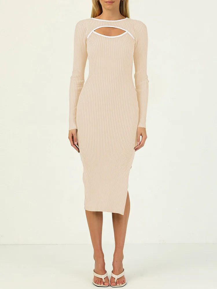 Rib Knit Long Sleeve Hollow Out Tight Sweater Dress