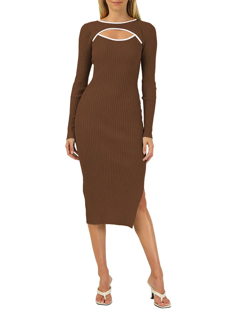 Rib Knit Long Sleeve Hollow Out Tight Sweater Dress