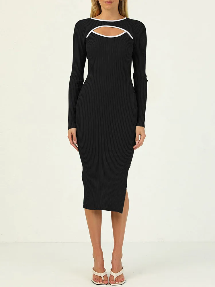 Rib Knit Long Sleeve Hollow Out Tight Sweater Dress
