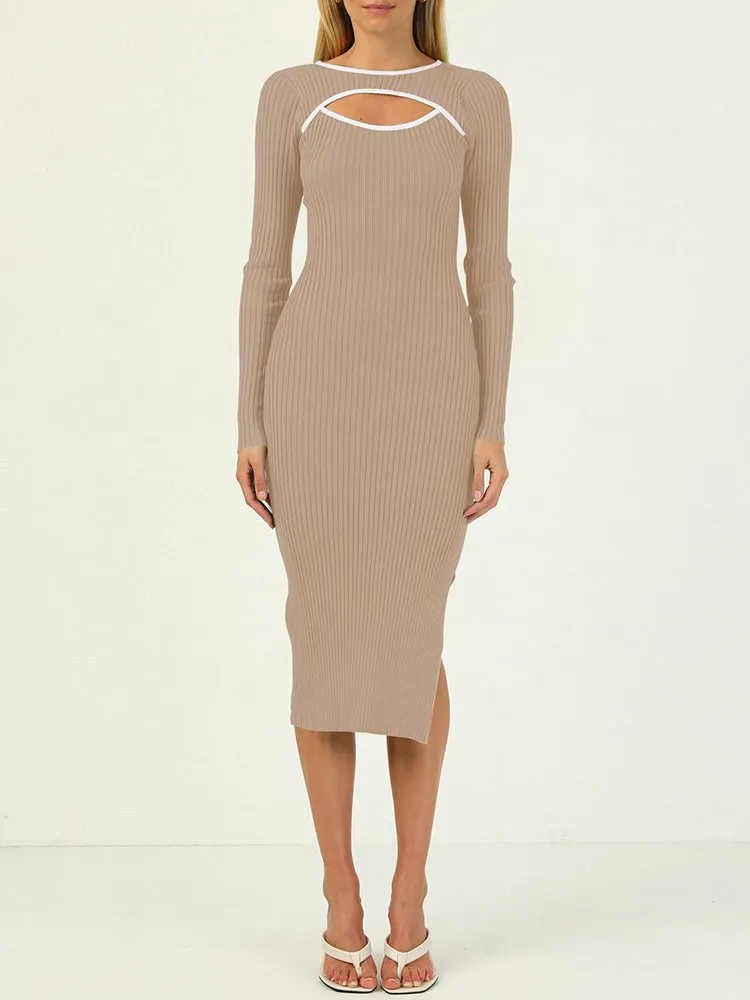 Rib Knit Long Sleeve Hollow Out Tight Sweater Dress
