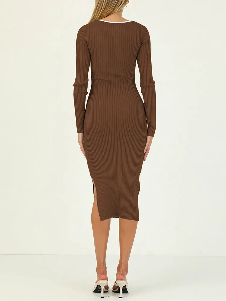 Rib Knit Long Sleeve Hollow Out Tight Sweater Dress