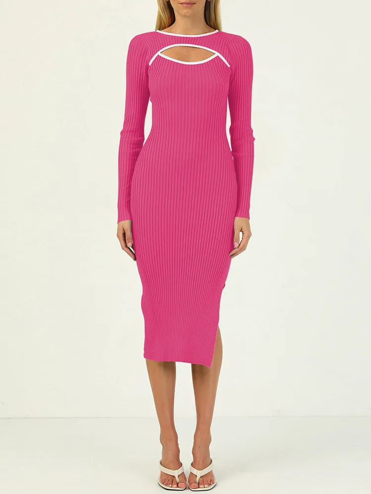 Rib Knit Long Sleeve Hollow Out Tight Sweater Dress