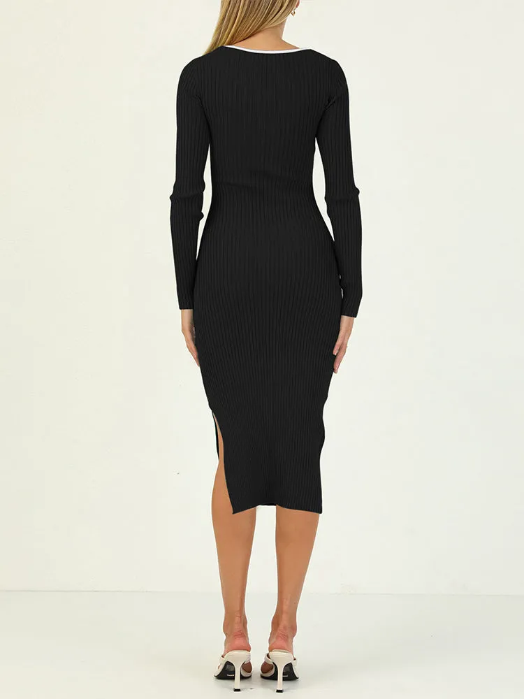 Rib Knit Long Sleeve Hollow Out Tight Sweater Dress