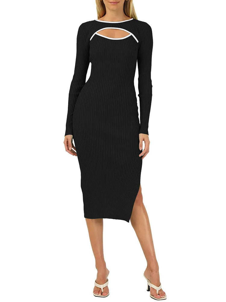 Rib Knit Long Sleeve Hollow Out Tight Sweater Dress