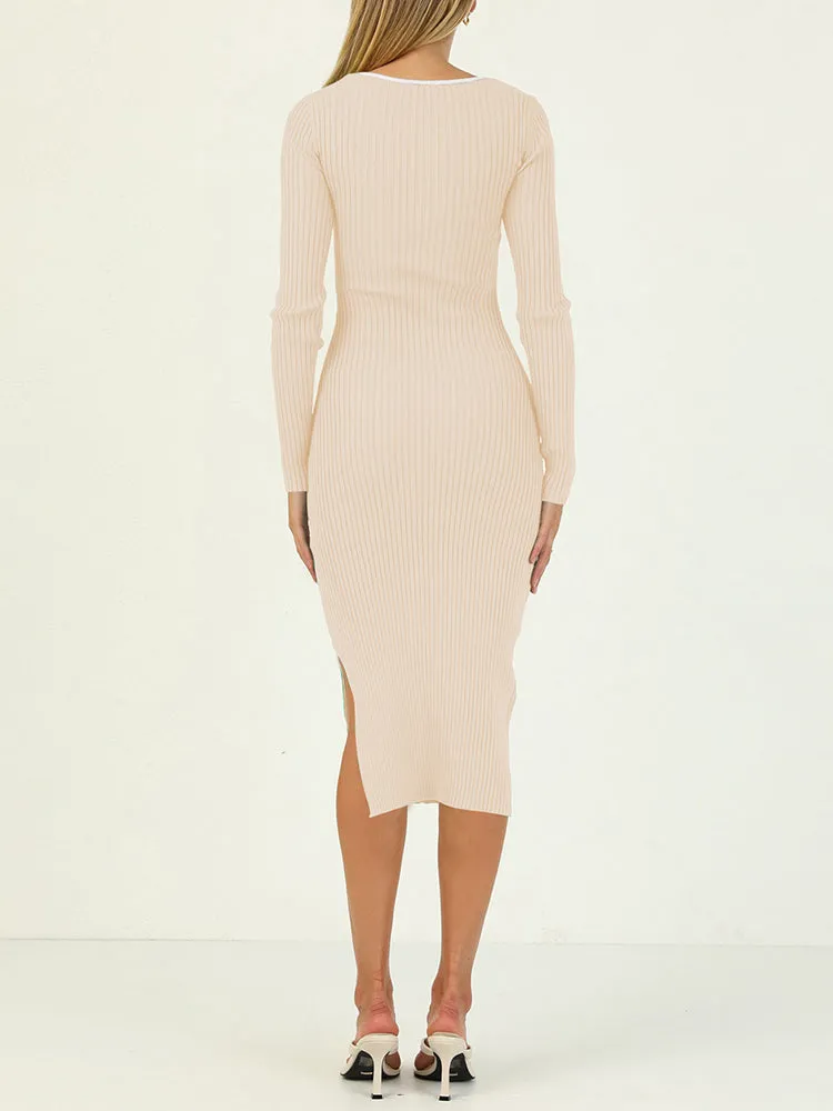 Rib Knit Long Sleeve Hollow Out Tight Sweater Dress