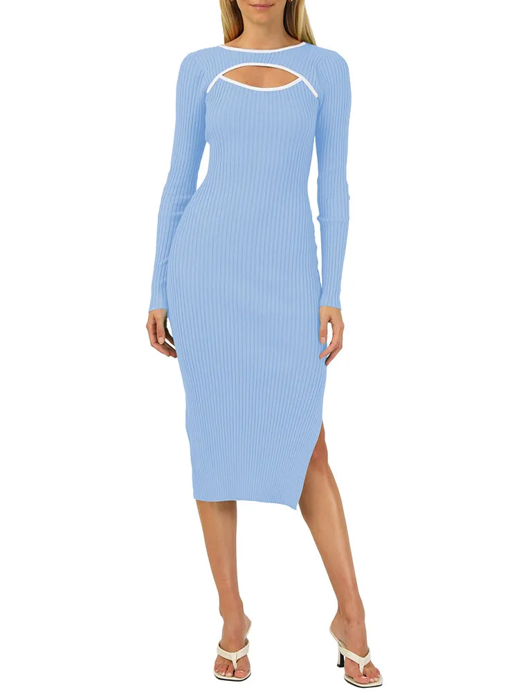 Rib Knit Long Sleeve Hollow Out Tight Sweater Dress