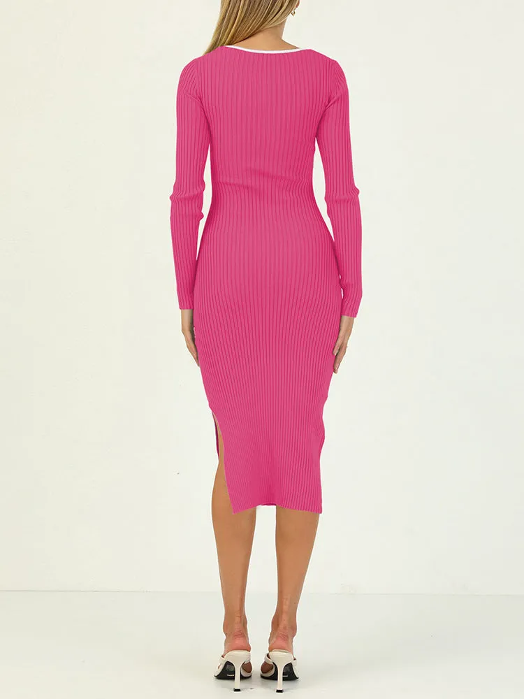 Rib Knit Long Sleeve Hollow Out Tight Sweater Dress