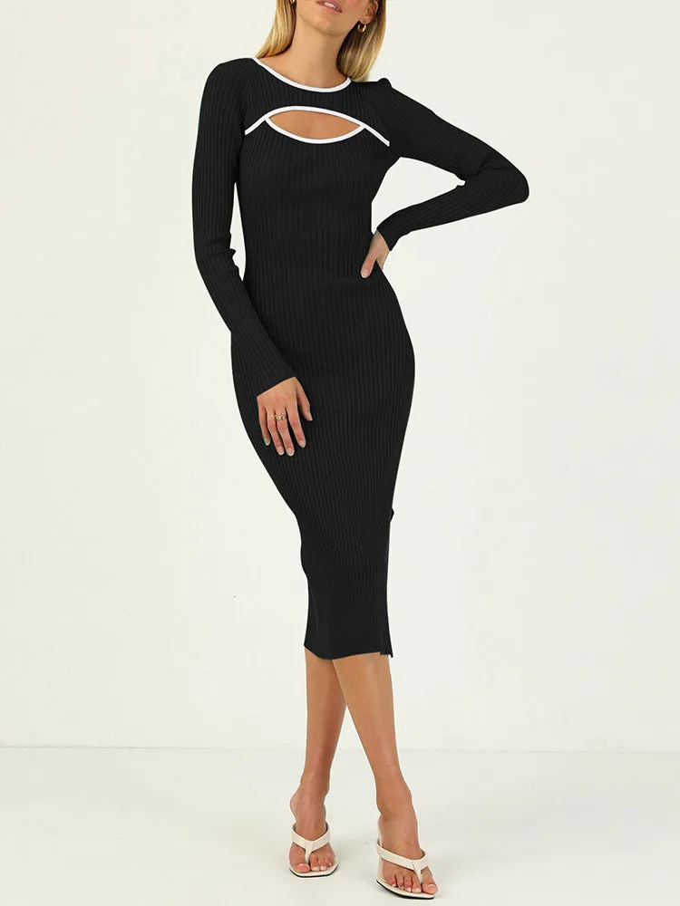 Rib Knit Long Sleeve Hollow Out Tight Sweater Dress