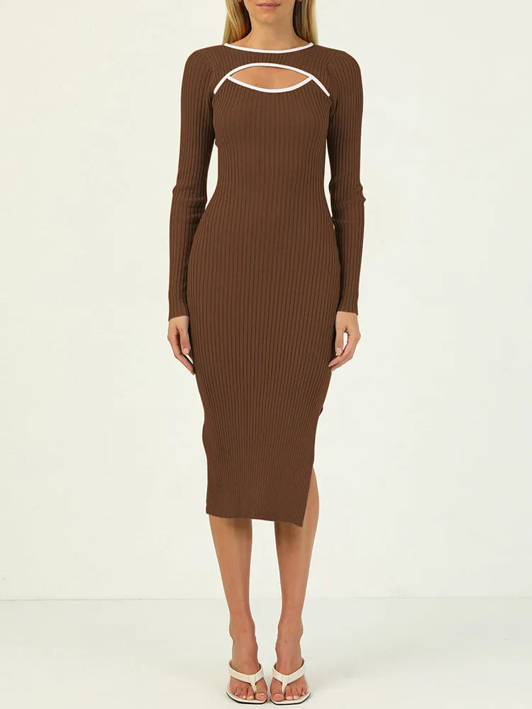 Rib Knit Long Sleeve Hollow Out Tight Sweater Dress