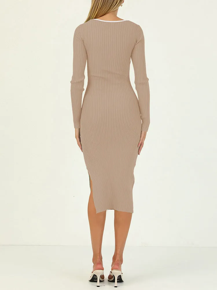 Rib Knit Long Sleeve Hollow Out Tight Sweater Dress