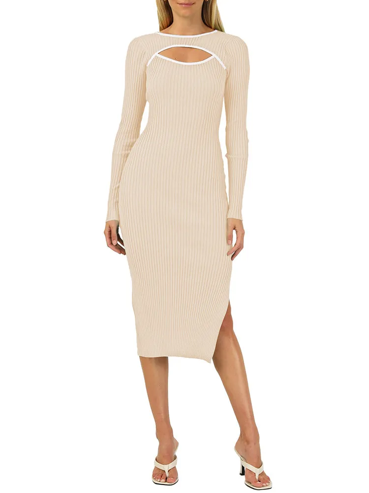 Rib Knit Long Sleeve Hollow Out Tight Sweater Dress