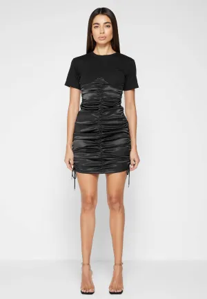 Ruched Satin T-Shirt Dress - Black