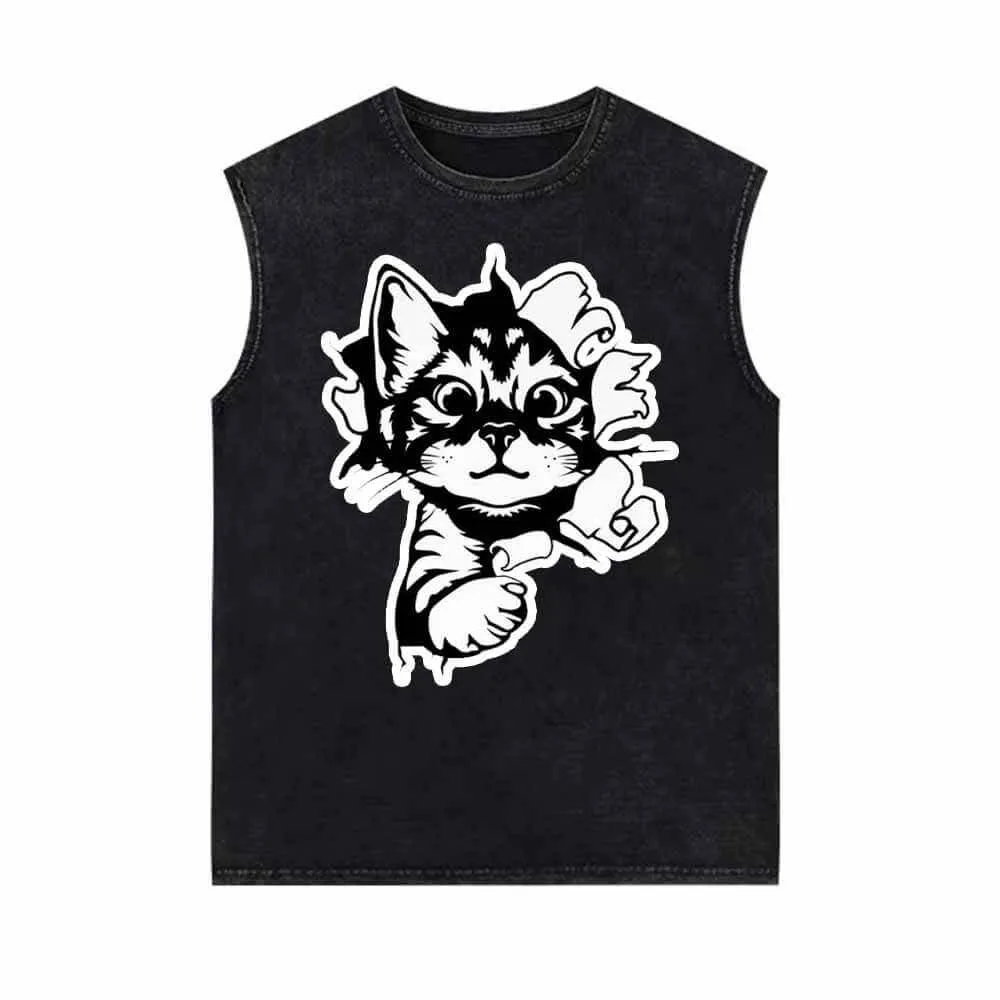 Running Lively Cat On The Wall Vintage Washed Vest Top