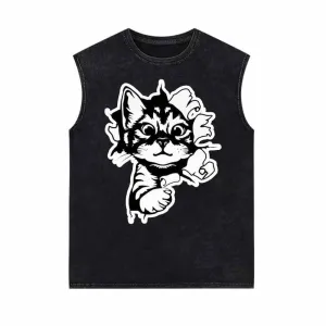 Running Lively Cat On The Wall Vintage Washed Vest Top