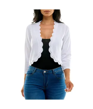 Scalloped Open Front 3/4 Sleeve Solid Rayon Knit Jacket Ivory - Nina Leonard