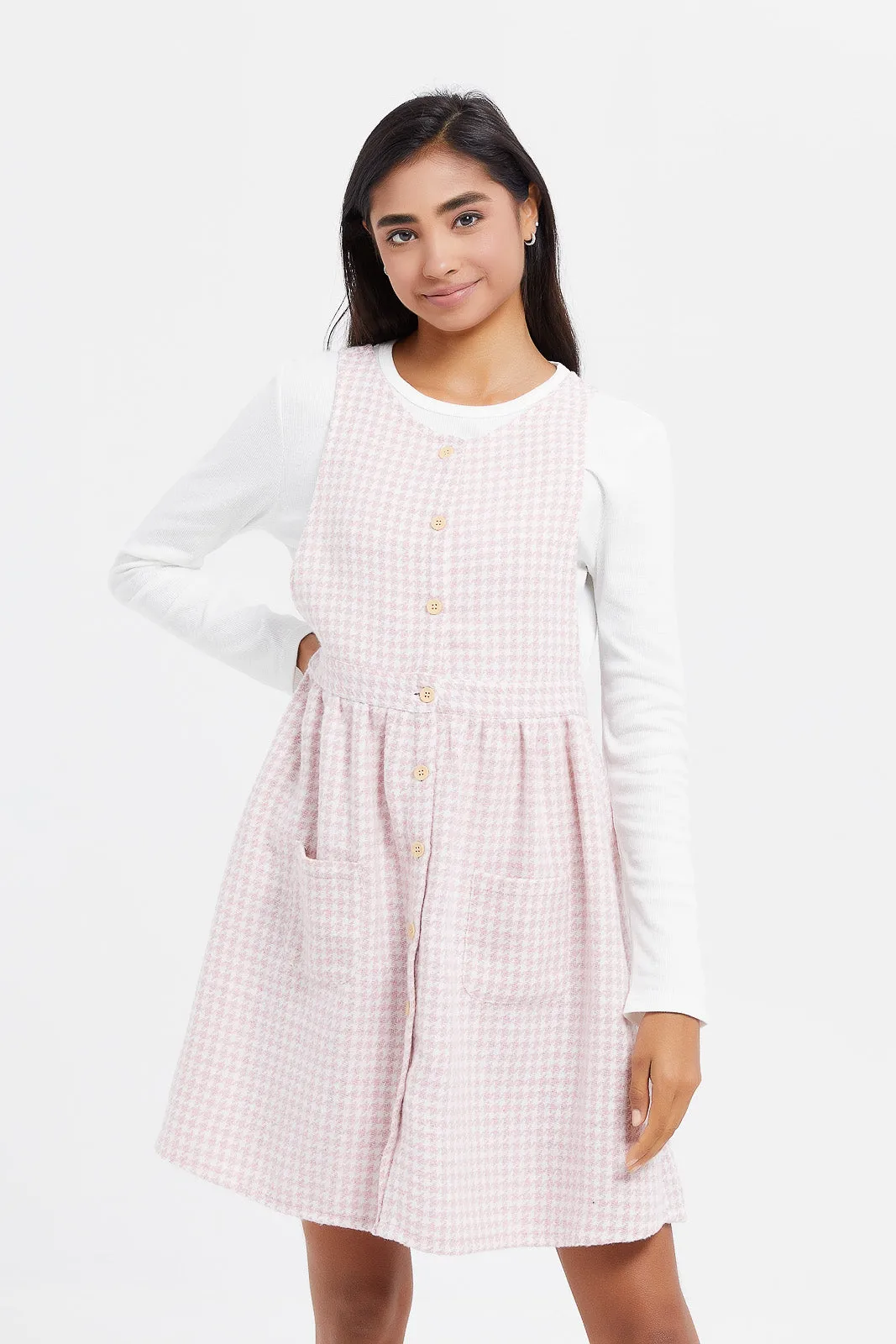 Senior Girls Pink Tweeds Dungarees With T-Shirt (2 Piece)
