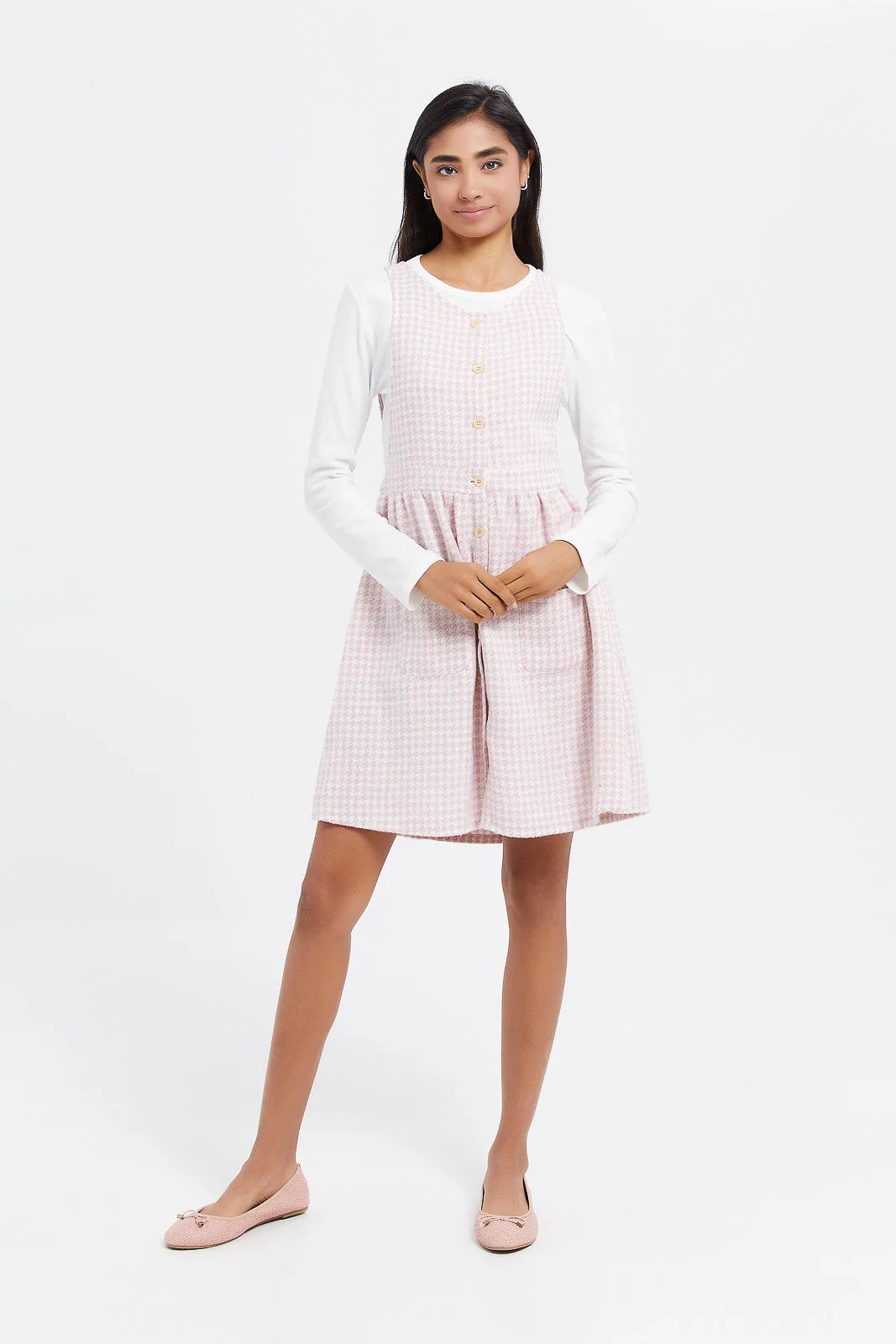Senior Girls Pink Tweeds Dungarees With T-Shirt (2 Piece)
