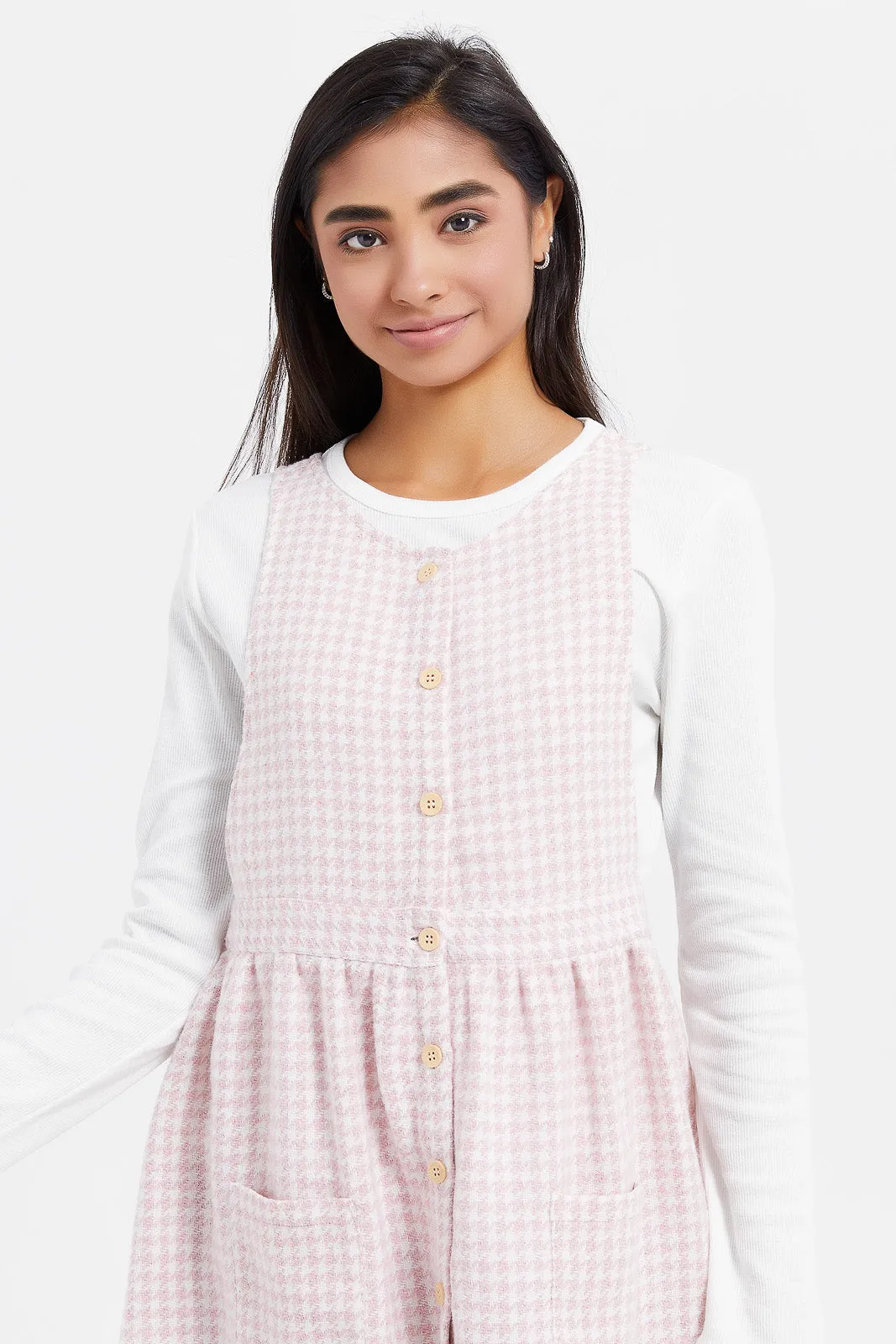 Senior Girls Pink Tweeds Dungarees With T-Shirt (2 Piece)