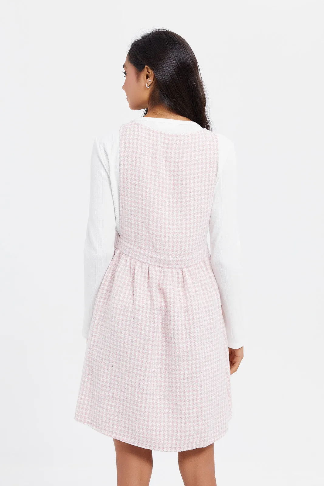 Senior Girls Pink Tweeds Dungarees With T-Shirt (2 Piece)
