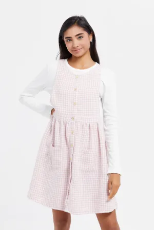 Senior Girls Pink Tweeds Dungarees With T-Shirt (2 Piece)