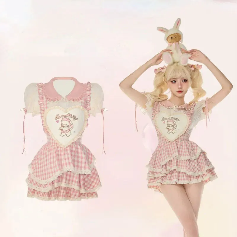 Serendipity Souffle Summer Gingham Pink Shirt BlouseTop & Suspender Dress Maid Two Piece Set