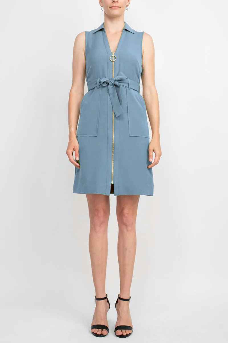 Sharagano Collared Sleeveless Zipper Front Tie Waist Solid Rayon Dress