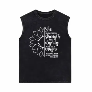She Is Clothed In Strength Sun Flower Vintage Washed Vest Top
