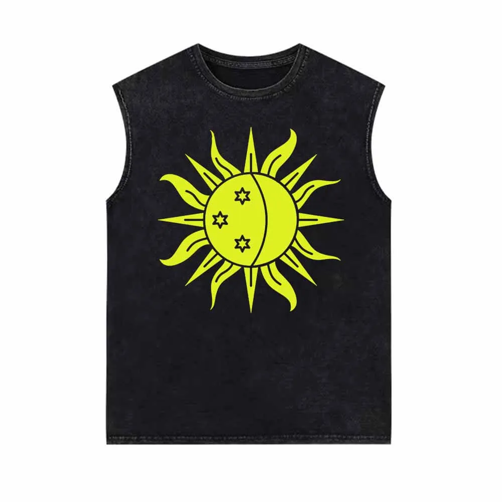 Shining Sun Moon Star Print Vintage Washed Vest Top
