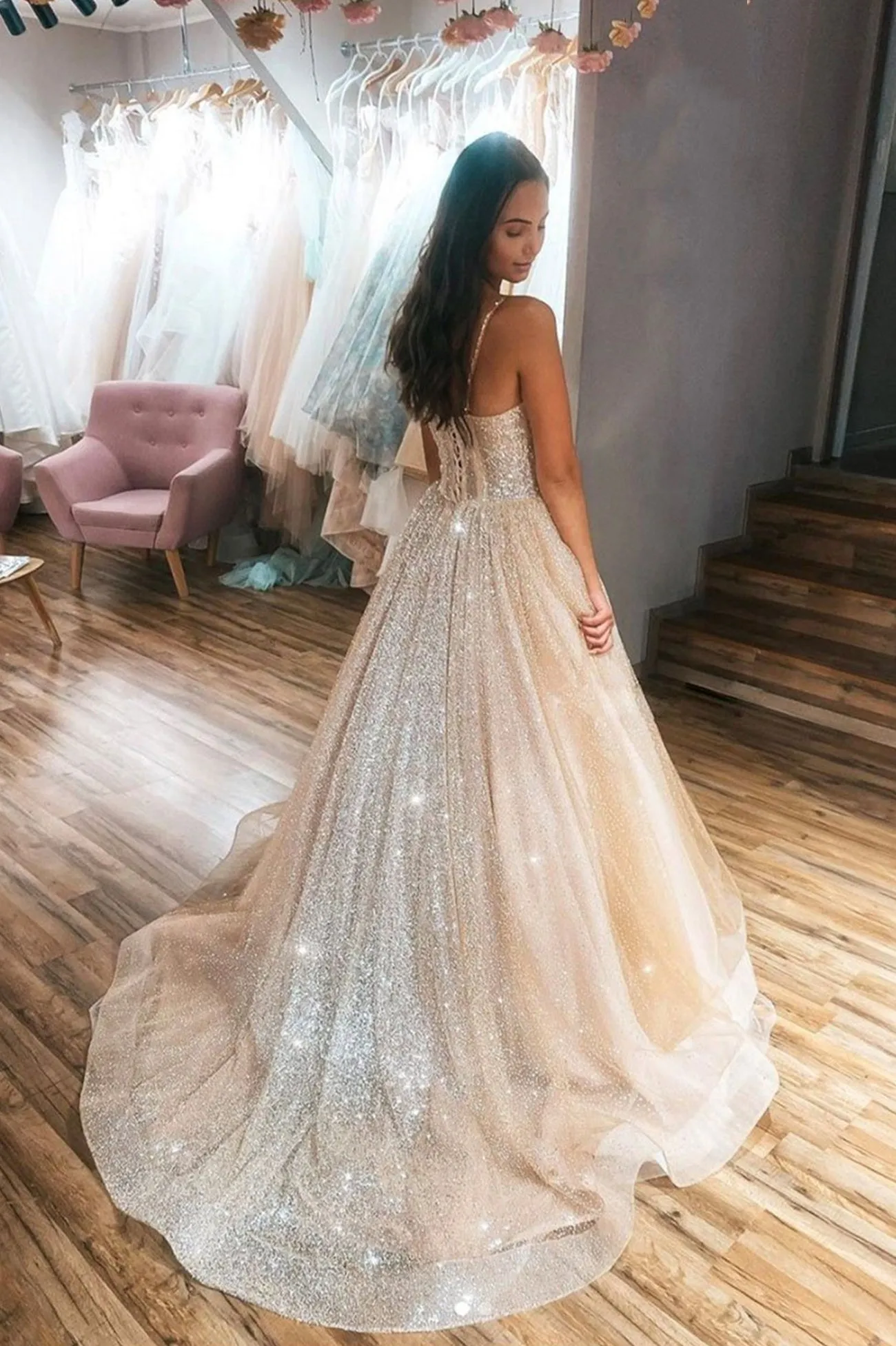Shiny Tulle Sequins Long Prom Dress, A-Line Spaghetti Strap Evening Dress