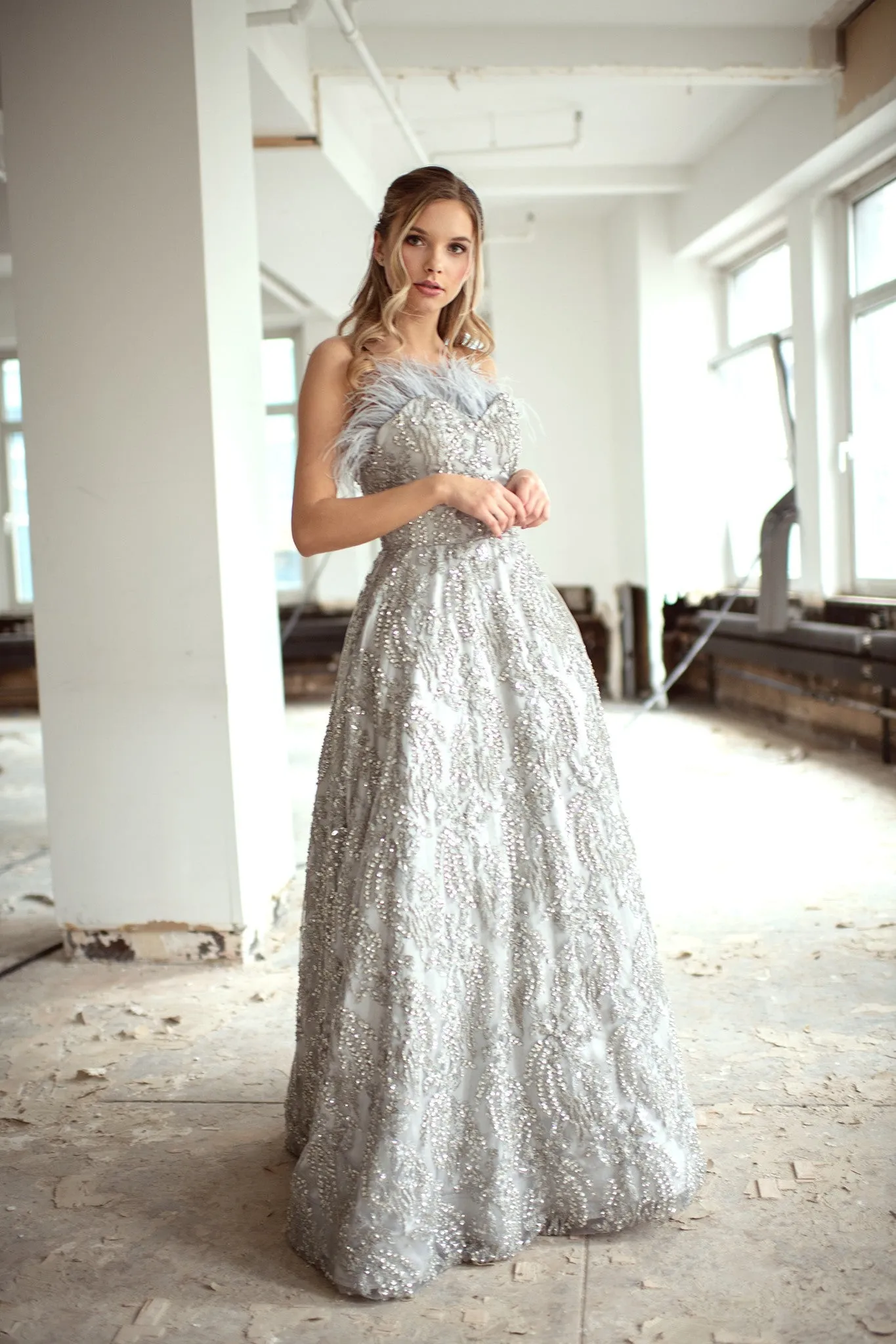 Shoulder-less Sequins Lace Gown