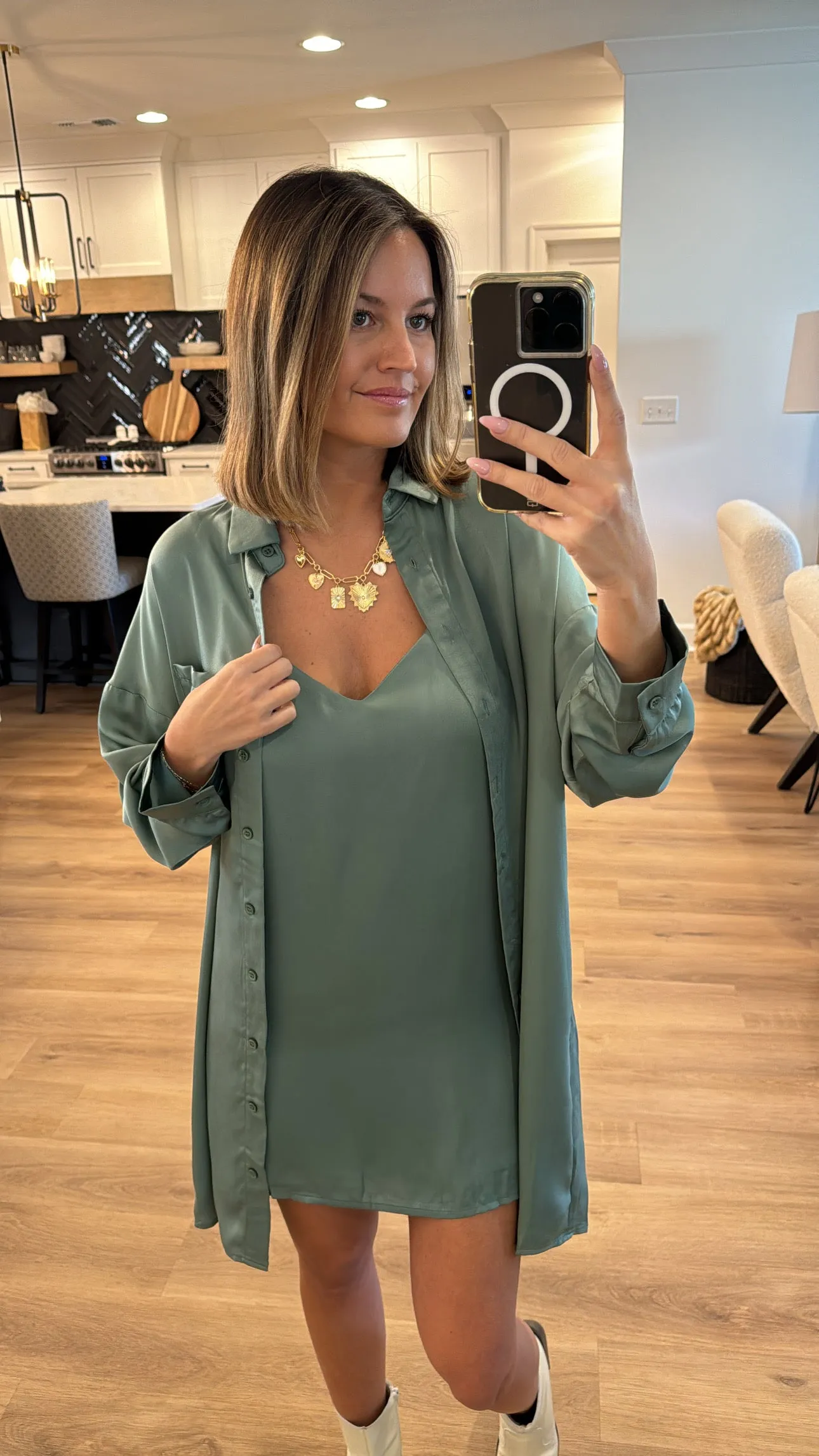 Silky Dress and Shirt Dress, Dark Sage