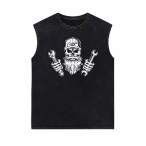 Skull Mechanic Holding Wrenches Vintage Washed Vest Top