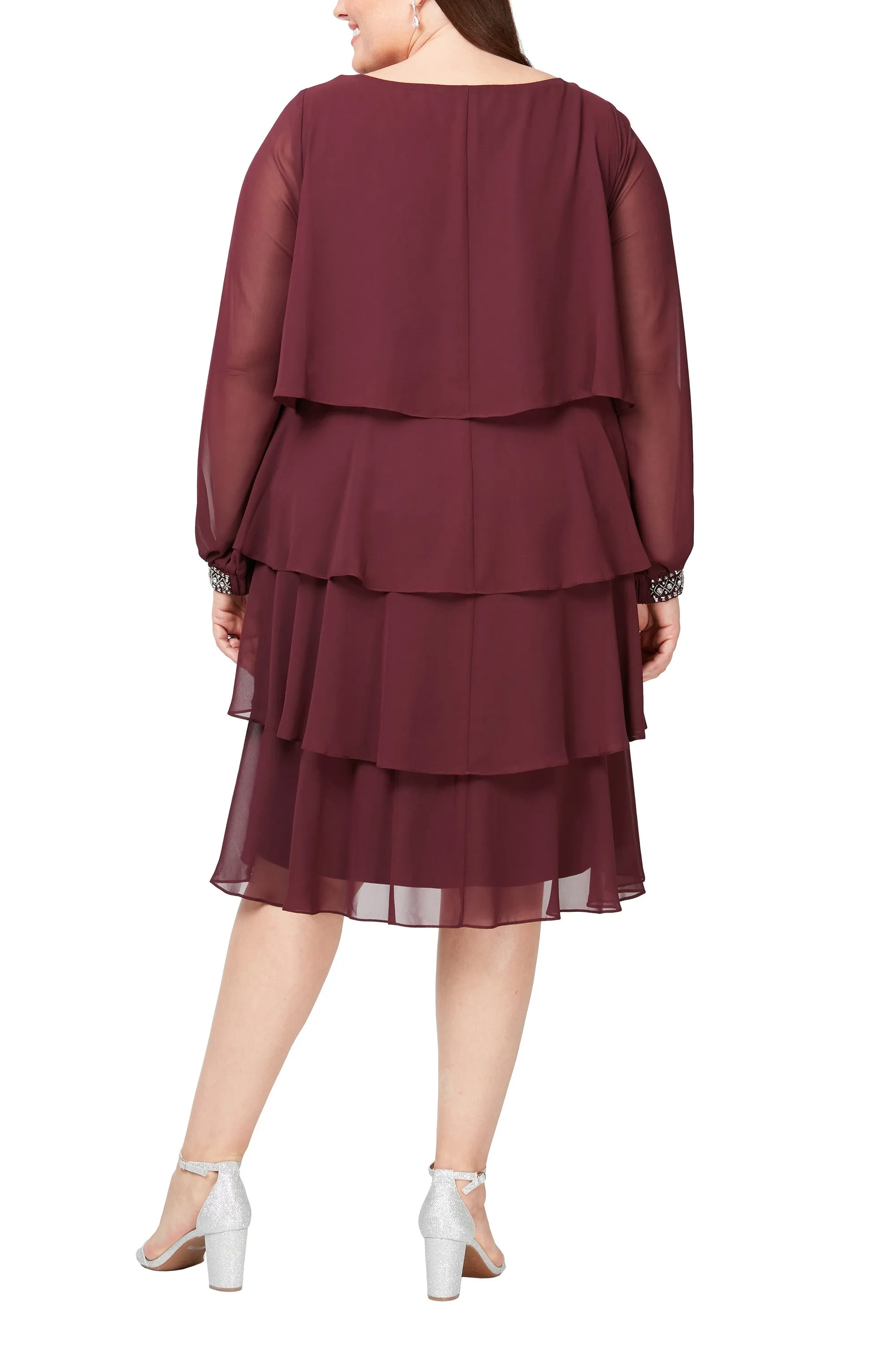 SL Fashion jeweled cuff tier bateau neck chiffon dress