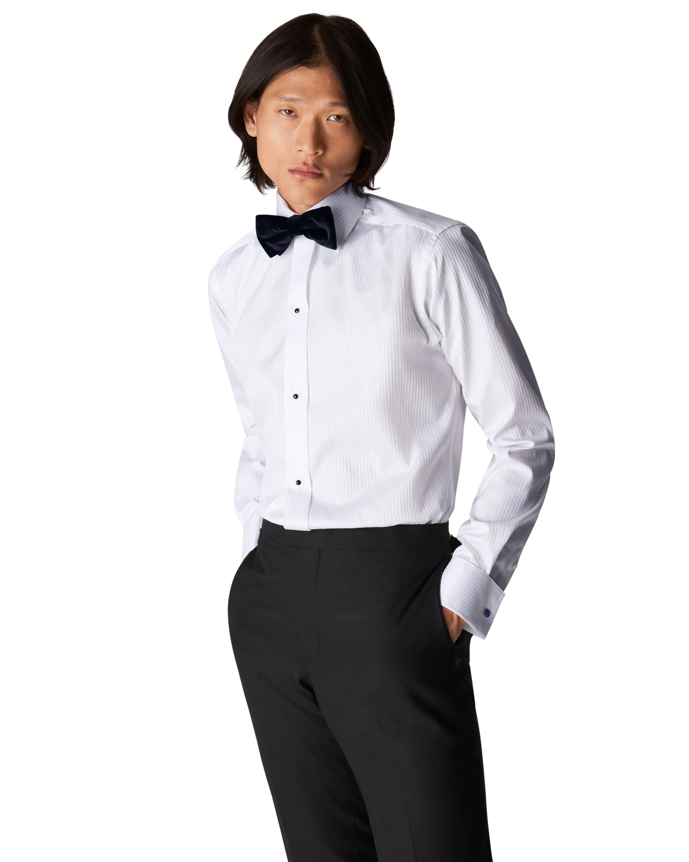 Slim Fit Striped Satin Tuxedo Shirt White