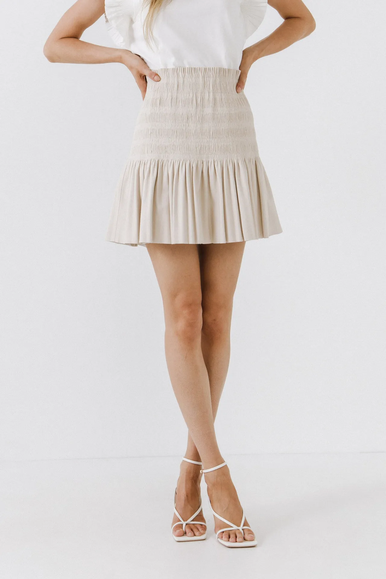 Smocked Pleated Faux Leather Skirt