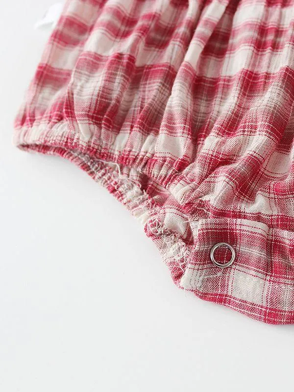 Spanish Style Baby Clothes Cute Checked Cotton Romper Long Sleeve with Headband