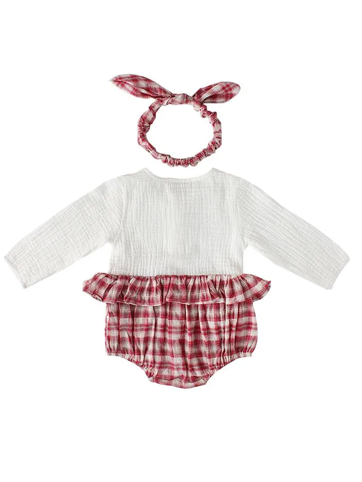 Spanish Style Baby Clothes Cute Checked Cotton Romper Long Sleeve with Headband