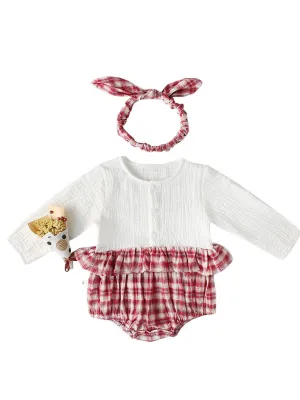 Spanish Style Baby Clothes Cute Checked Cotton Romper Long Sleeve with Headband