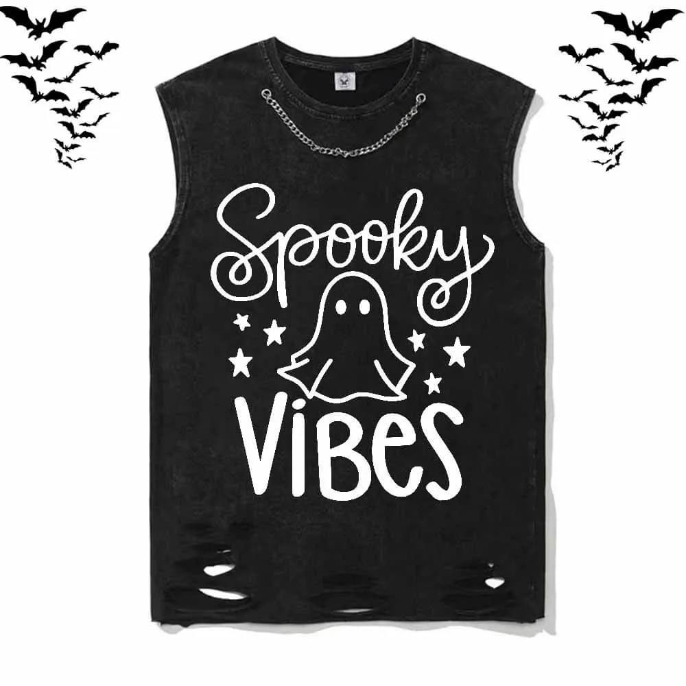 Spooky Vibes Ghost Vintage Washed Vest