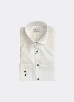 Stenströms White Twill Shirt With Green Contrast Buttons